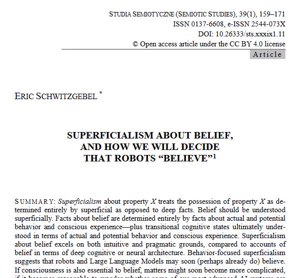 Title page of Schwitzgebel: Superficialism about Belief and How We Will Decide That Robots "Believe"