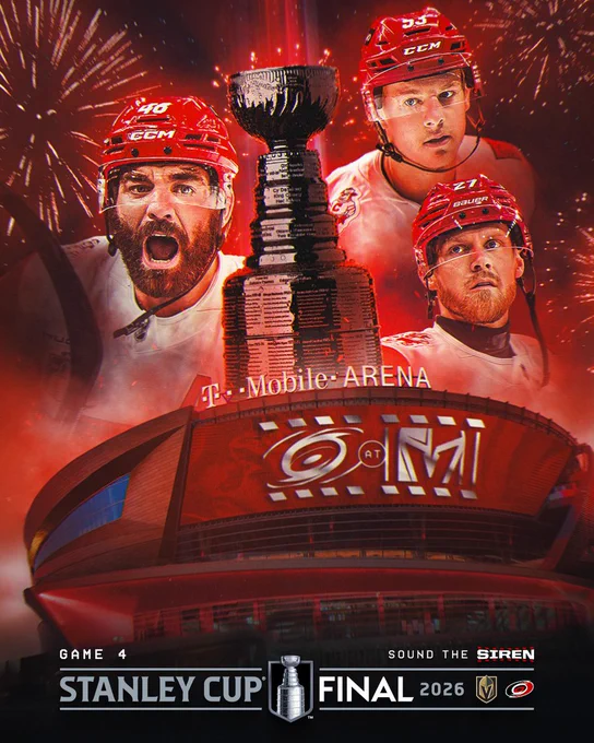 Hype graphic promoting SCF Game 4 with Jackson Blake, Jordan Martinook, and Nikolaj Ehlers next to the Stanley Cup over T-Mobile Arena 