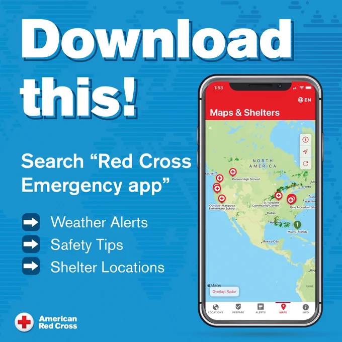 An image promoting the "Red Cross Emergency app." It shows a smartphone displaying a map with various shelter locations. The text encourages downloading the app for weather alerts, safety tips, and shelter locations. The American Red Cross logo is present at the bottom.