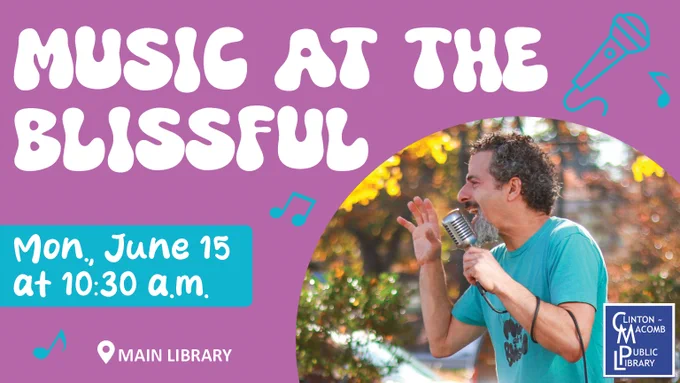 Person singing into a microphone promoting Music at the Blissful event.