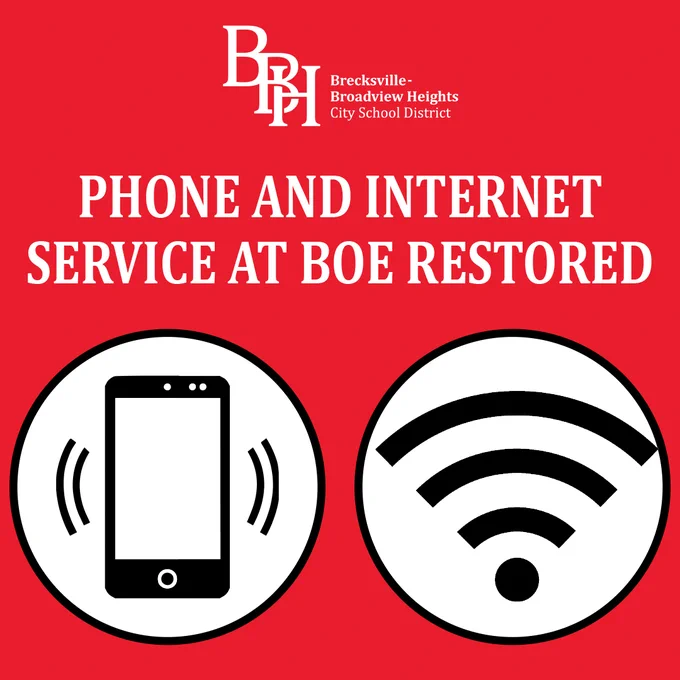 Brecksville-Broadview Heights City School District
Phone and Internet Service at BOE Restored
Image of a cell phone and wi-fi signal 