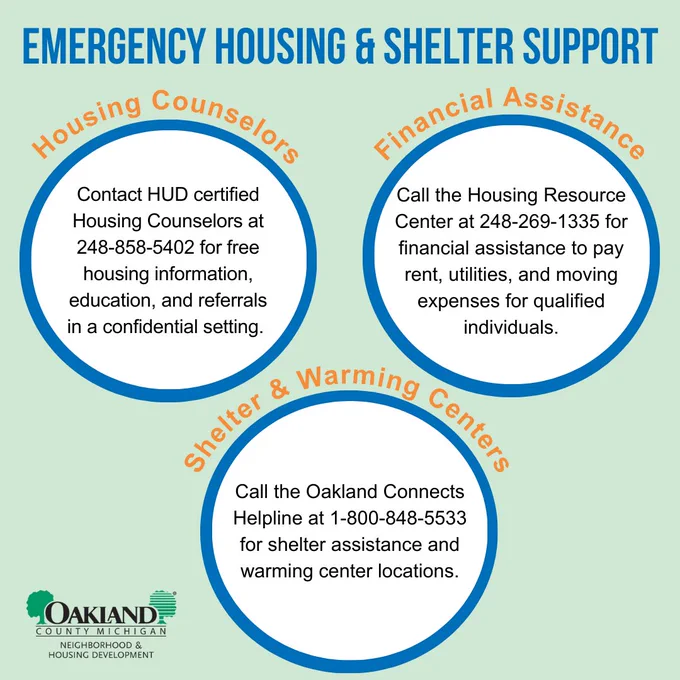 "Emergency Housing and Shelter Support. Housing Counselors. Contact United States Department of Housing & Urban Development certified housing counselors at 248-858-5402 for free housing information, education, and referrals in a confidential setting. Financial Assistance. Call the housing resources center at 248-269-1335 for financial assistance to pay rent, utilities, and moving expenses for qualified individuals. Shelter and Warming Centers. Call the Oakland Connects Helpline at 1-800-848-5533