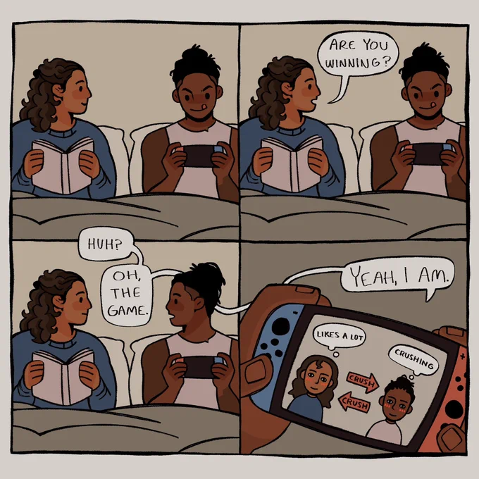 four panel comic of al-hashimi and ellis from the pitt. first panel: al-hashimi and ellis sitting in bed. al-hashimi is holding a book and ellis is holding a nintendo switch. ellis is engrossed in her game and al-hashimi is smiling at her. second panel: the same scene, but al-hashimi asks “are you winning?” third panel: the same scene, but ellis is looking at al-hashimi. she says “huh? oh, the game.” fourth panel: closeup of ellis’ switch. she’s playing tomodachi life. her mii and al-hashimi’s mii are blushing, and the game indicates they have a crush on each other. ellis says “yeah, i am.”