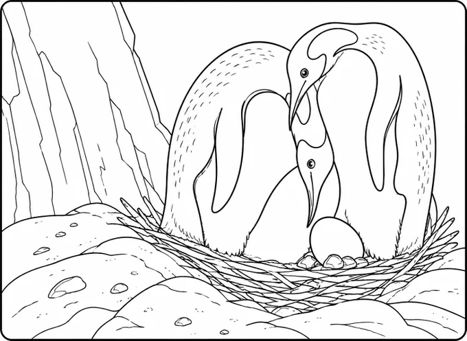 coloring page of two penguin parents guarding their egg in the nest.
