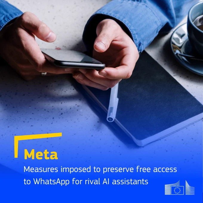 A person in a blue shirt holds a smartphone while seated at a table. A notebook and pen rest nearby, and a cup of coffee sits in the upper-right corner. A blue gradient overlay covers the lower portion of the image, with the headline: “Meta — Measures imposed to preserve free access to WhatsApp for rival AI assistants.” The word “Meta” appears in yellow with a stylized corner graphic above it.