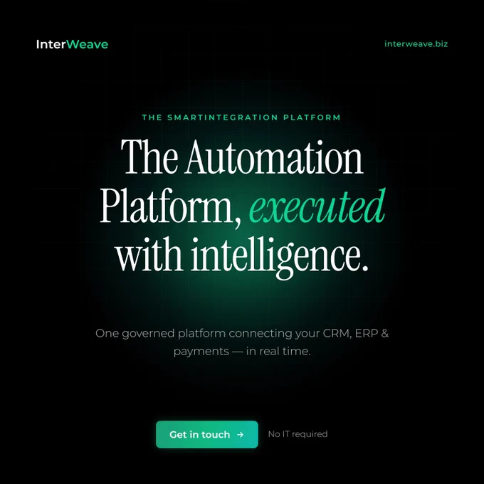 The Automation Platform, executed with intelligence.
One governed platform connecting your CRM, ERP & payments — in real time.
🌐Learn more: www.interweave.biz