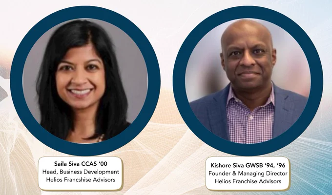 This image shows two individuals, each within a circular frame. The first individual is labeled as Saila Siva, Head of Business Development at Helios Franchise Advisors. The second individual is labeled as Kishore Siva, Founder & Managing Director at Helios Franchise Advisors.