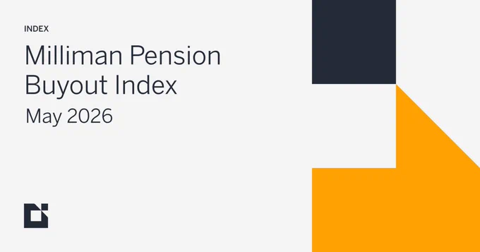 Milliman Pension Buyout Index cover page for May 2026 with modern geometric design in black and orange.