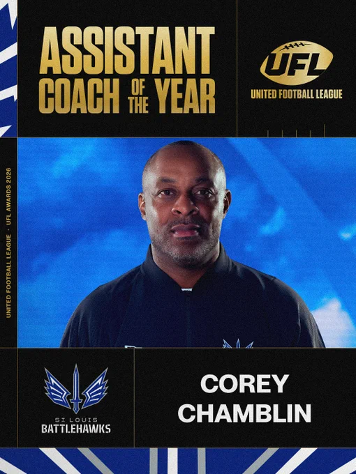 Corey Chamblin of the St. Louis Battlehawks is honored with the UFL Assistant Coach of the Year Award. The design features bold text and team logos.