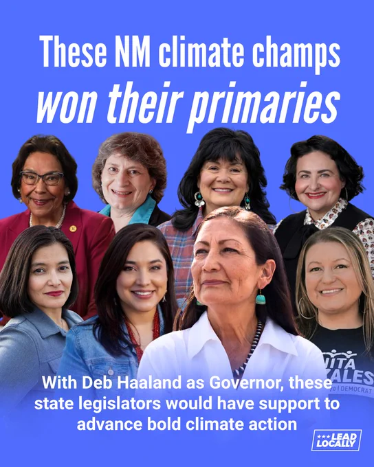 A row of eight women on a blue graphic with big white text