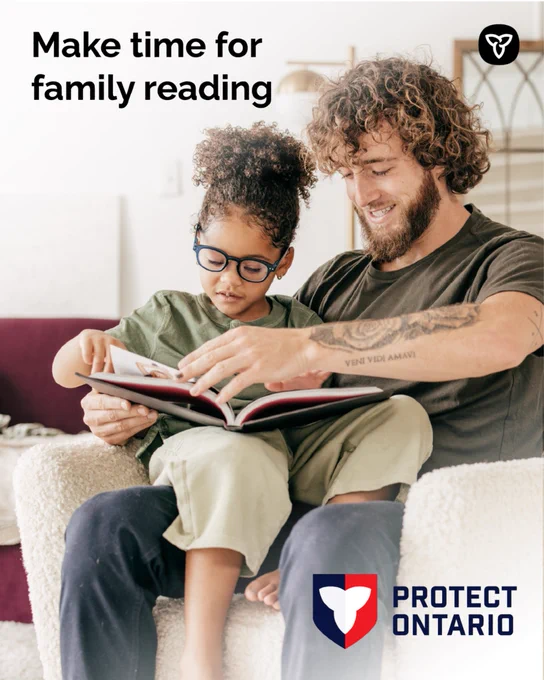 Father and daughter reading a book together, smiling; poster encourages making time for family reading.