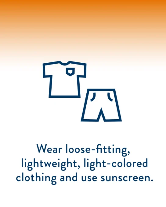Orange and white gradient background with an outline drawing of a t shirt and shorts. Text reads, "Wear loose-fitting, lightweight, light-colored clothing and use sunscreen."