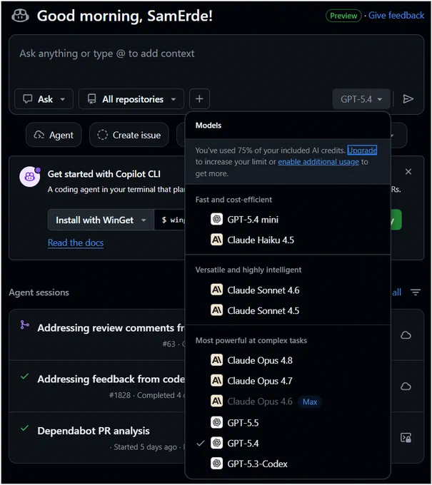 GitHub on the web with the model section list open.