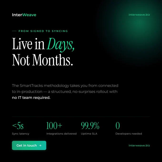 From signed to syncing
Live in Days, Not Months.
The SmartTracks methodology takes you from connected to in-production — a structured, no-surprises rollout with no IT team required.
🌐Explore: www.interweave.biz