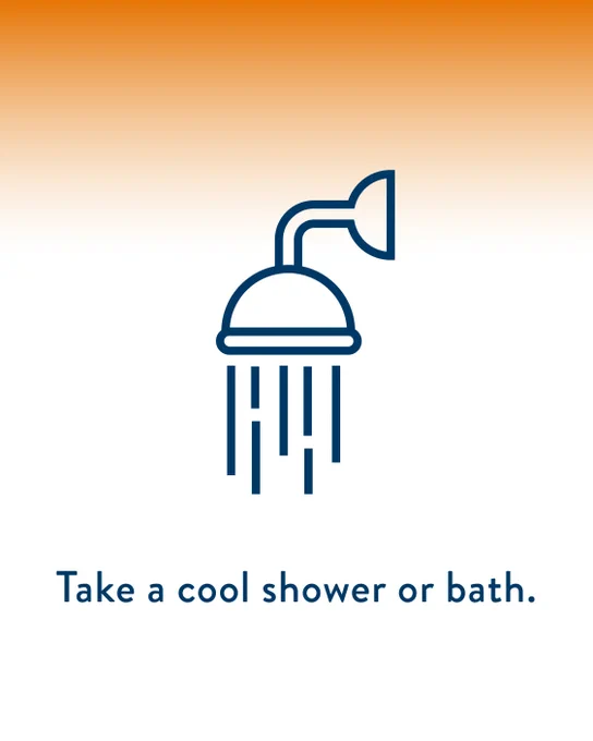 Orange and white gradient background with an outline drawing of a showerhead. Text reads, "Take a cool shower or bath."
