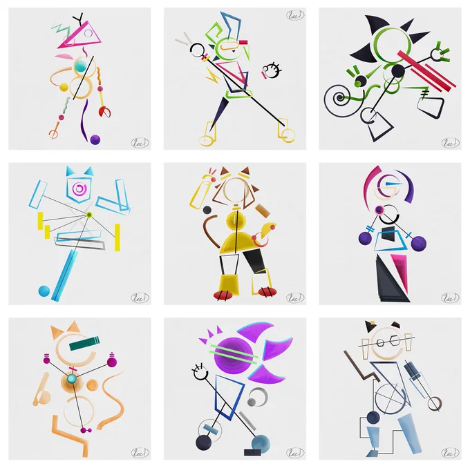 a 3 by 3 matrix showing 9 different characters painted in a modern Suprematist abstract style. Each character's body is deconstructed into shapes with their own color, and some of the shapes are connected with thin black lines.