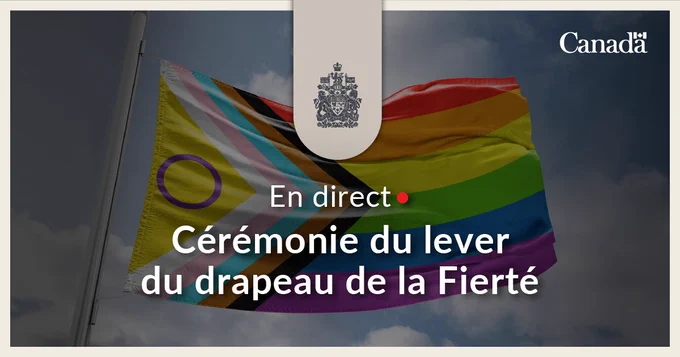 Un drapeau de la Fierté inclusif-intersexe flotte au vent. Texte : En direct. Cérémonie du lever du drapeau de la Fierté. 