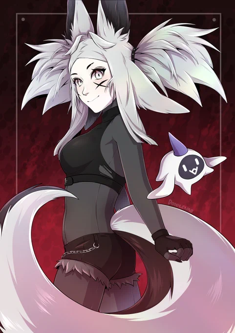 Fanart of the vtuber DyaRikku in her concert outfit. She is posed with her back and side towards the viewer and facing back as though posed at the end of a dance. She is pictured next to her chat mascot, ChatBlin.