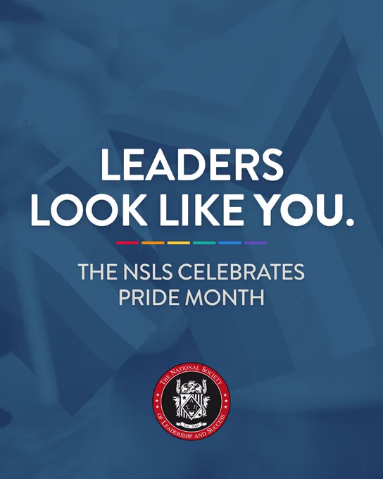 A motivational graphic celebrating Pride Month with bold text that promotes inclusivity and leadership. The backdrop features a subtle abstract design in blue tones.