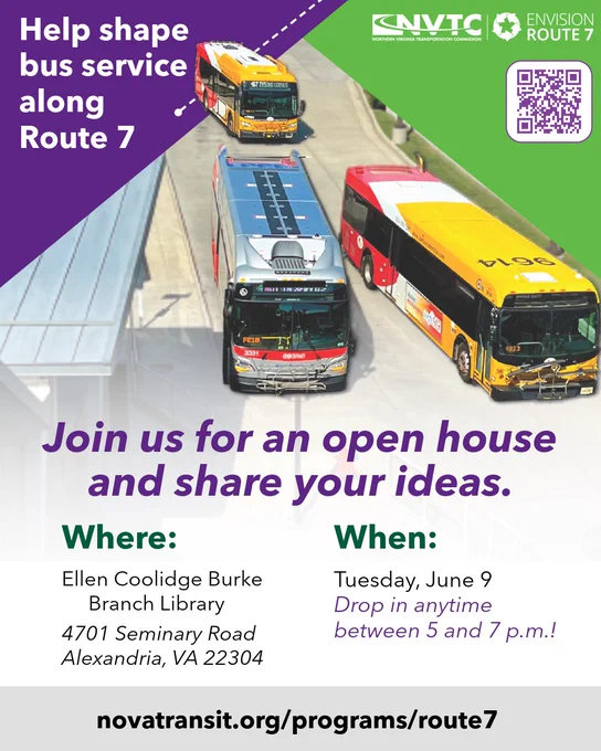 NVTC and Envision Route 7 branded graphic promoting Envision Route 7 Open House at Ellen Coolidge Burke Branch Library (4701 Seminary Road Alexandria, VA 22304) on June 9 from 5-7 p.m.