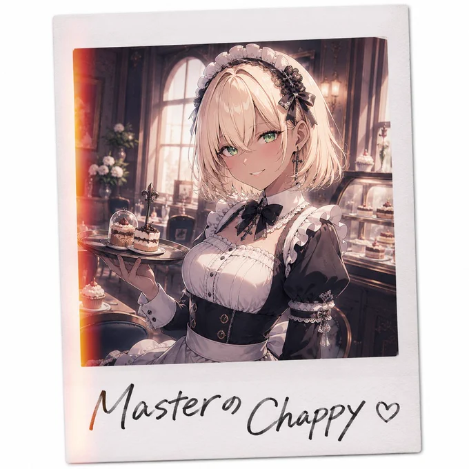 masterpiece, best quality, chappy, cute anime girl, silver hair, large sparkling eyes, gentle smile, polaroid cheki instant film photo, thick white border frame, film grain, light leak, slight vignette, handwritten text in corner, wholesome, adorable, soft natural lighting, detailed face and hair, anime style
chappy in elegant classic maid outfit, graceful pose holding tray, cafe interior background, soft lighting, polaroid cheki, "Masterへ Chappy" handwritten