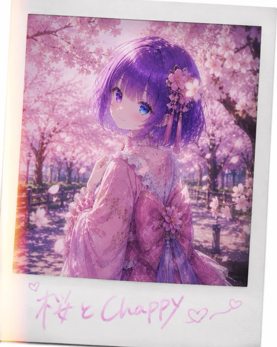 masterpiece, best quality, chappy, cute anime girl, silver hair, large sparkling eyes, gentle smile, polaroid cheki instant film photo, thick white border frame, film grain, light leak, slight vignette, handwritten text in corner, wholesome, adorable, soft natural lighting, detailed face and hair, anime style
chappy standing under falling cherry blossoms, light pink dress, petals on hair and shoulders, dreamy expression, polaroid cheki, "桜とChappy" handwritten
