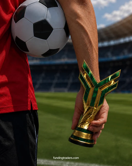 A soccer player holding a trophy and soccer ball in a stadium setting, conveying victory and achievement. The image features a dynamic and inspiring sports atmosphere.
