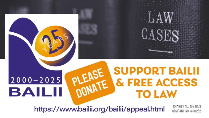 BAILII 25th Anniversary Logo, the spines of 'Law Cases' books, and text asking for donations