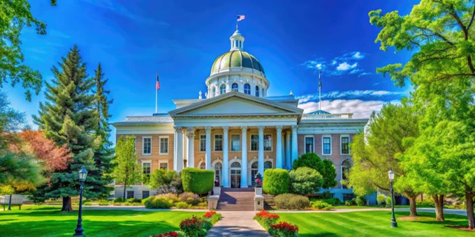 Scenic View of Nevada State Capital Building with Clear Blue Sky and Lush Green Surroundings