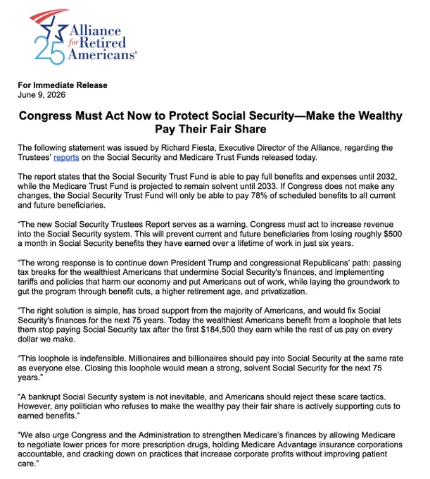Press release from Alliance for Retired Americans urging Congress to protect Social Security by making wealthy individuals pay their fair share.