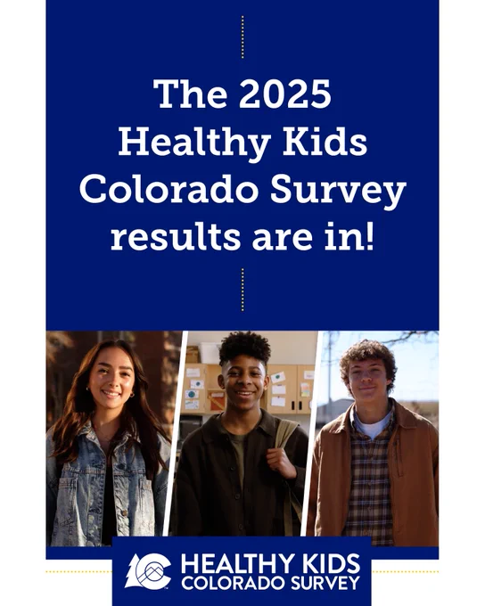 The image features three individuals smiling. Text: The 2025 Healthy Kids Colorado Survey results are in! 
