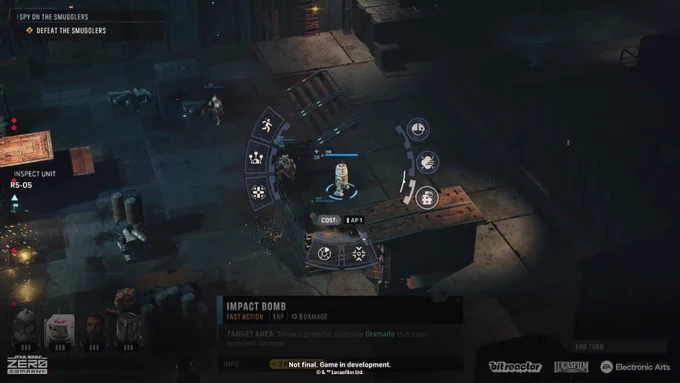 a screenshot of the upcoming game star wars zero company, featuring an astromech unit and a radial UI displayed over it