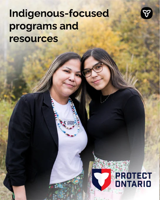 Two smiling people outdoors with text "Indigenous-focused programs and resources"