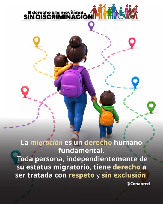 Imagen con el texto: La migración es un derecho humano fundamental. Toda persona, independientemente de su estatus migratorio, tiene derecho a ser tratada con respeto y sin exclusión. 