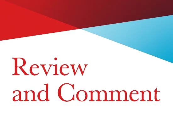 Text reading 'Review and Comment' on a white background with red and blue geometric shapes above.
