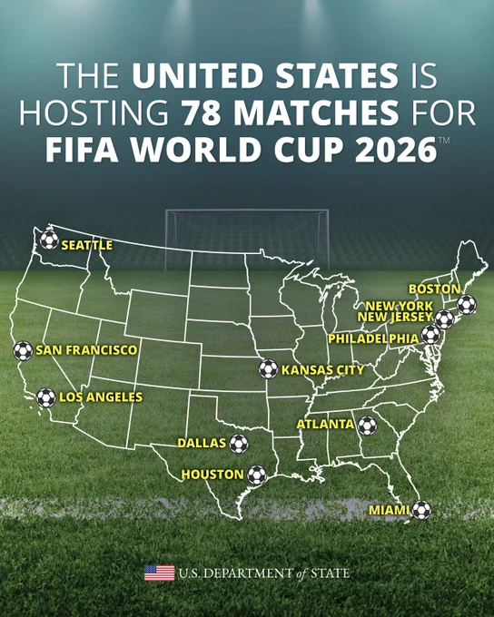 Map of the continental United States with host cities for FIFA World Cup 2026™ and graphic text, “The United States is hosting 78 matches for FIFA World Cup 26™”