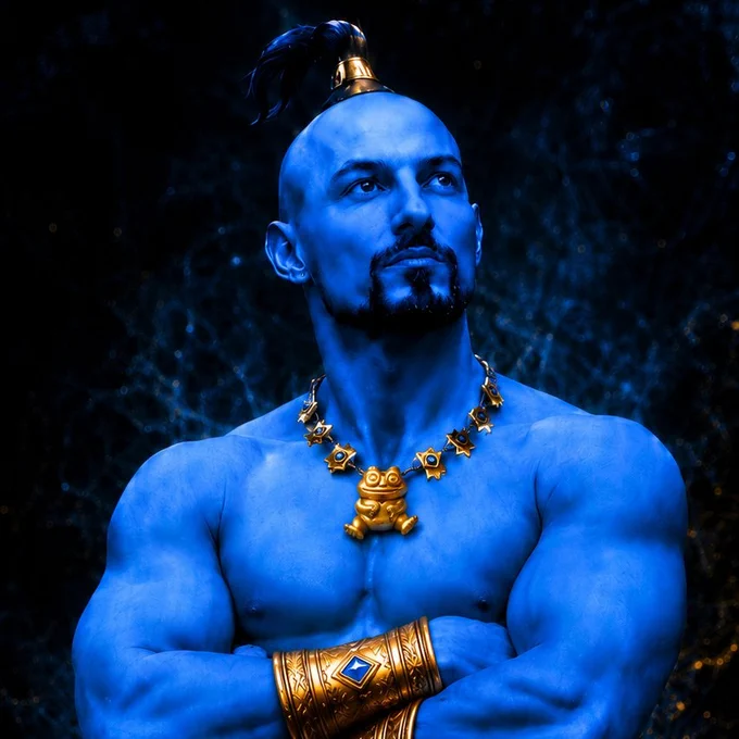 Muscular blue Genie with gold necklace and bracelet (Telegram Gifts), arms crossed, dark mystic background — Durov Lock Screen wallpaper pack by Bullieve ($BULL).
