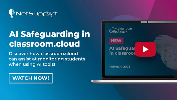 NetSupport branded image. Blue to pink gradient and NetSupport logo. Text reads: "AI Safeguarding in classroom.cloud. Discover how classroom.cloud can assist at monitoring students when using AI tools! Watch now!" Image: Laptop screen with the video thumbnail for the classroom.cloud video AI safeguarding in the classroom with a YouTube icon overlayed.