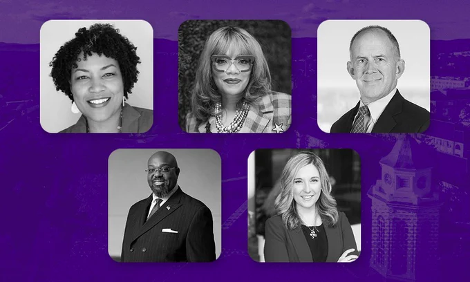 A graphic containing 5 black and white photos in square profiles on top of a photo of the Quad at JMU with a purple overlay. The first three black and wite photos are of Lisa Winn Bryan (‘90, ‘93M), Angela Reddix (‘90), and John Lynch (‘91). Below are two black and white photos of Jack White and Jessica Killeen (‘07)