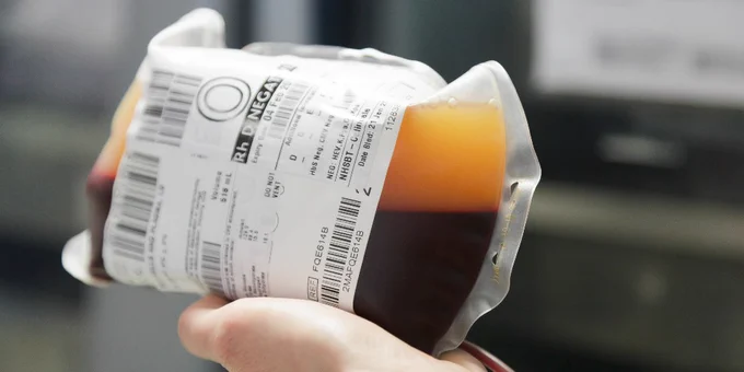 A hand holding a blood donation bag labeled with medical and barcode information.