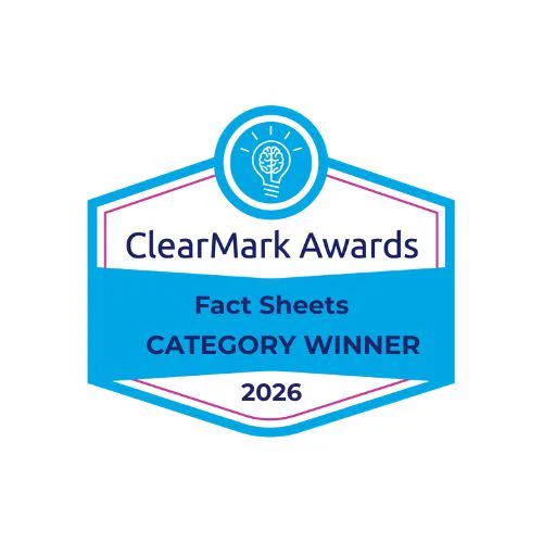 ClearMark Award winner badge featuring the ClearMark Awards logo and text: ClearMark Awards, Fact Sheets Category Winner, 2026.