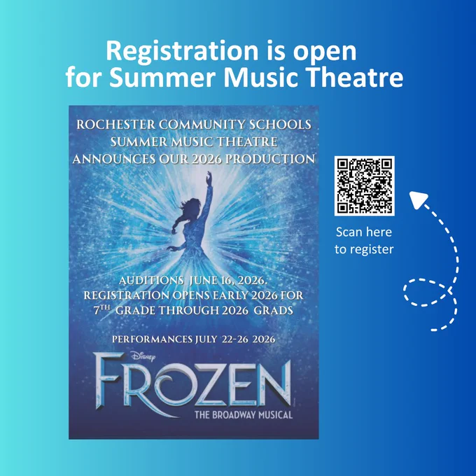 Graphic for Frozen, the summer music theatre production, with registration code.