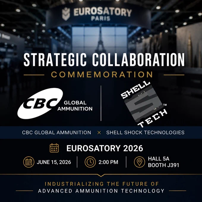 Announcement of strategic collaboration between CBC Global Ammunition and Shell Shock Technologies at Eurosatory 2026 in Paris.