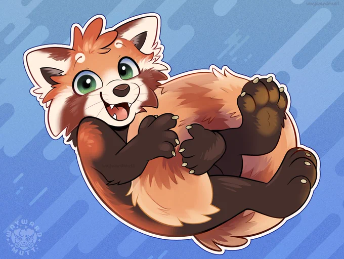 A smiling red panda curled up holding its tail. 