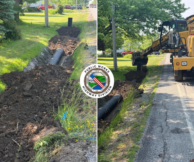 Highway Division crews replace a drainage pipe in a roadside ditch on Townline Road in Alden using heavy equipment and a large culvert pipe.