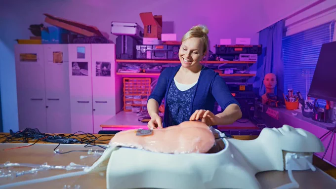 Mariella Särestöniemi is working in a lab room with a mannequin torso on a table. The background is filled with shelves containing electronic equipment and boxes.