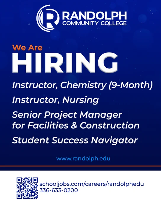 Randolph Community College hiring graphic with RCC logo on a blue background. Text reads: "We Are Hiring." Open positions include Instructor, Chemistry (9-Month), Instructor, Nursing, Senior Project Manager for Facilities & Construction, and Student Success Navigator. The graphic includes the RCC website, www.randolph.edu, along with a QR code linking to the employment page, schooljobs.com/careers/randolphedu, and the phone number 336-633-0200.