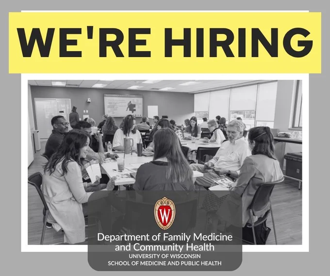 A graphic reads "We're hiring" above an image of DFMCH employees conversing in a conference room.