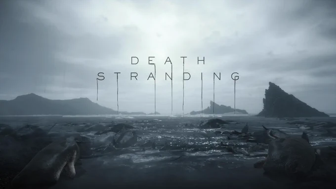 Der ikonische Titelbildschirm von Death Stranding Directors Cut. Ein trostloser grauer Strand mit vielen toten gestrandeten Walen im Wasser. Der Schriftzug Death Stranding prangt groß in der Mitte mit herabtropfenden schwarzen Fäden.