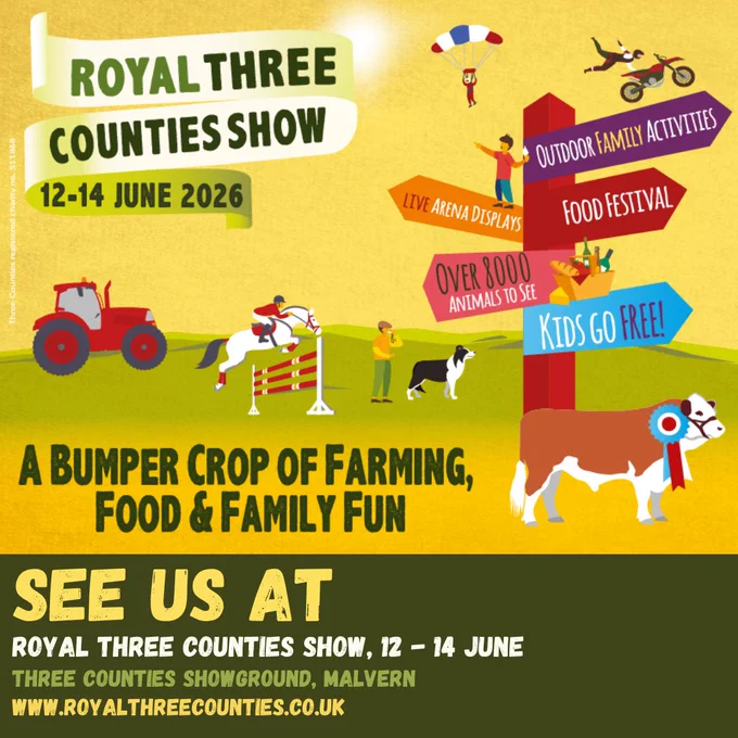 Poster for the Royal Three Counties Show, 12-14 June 2026, featuring farming, food, and family fun activities.